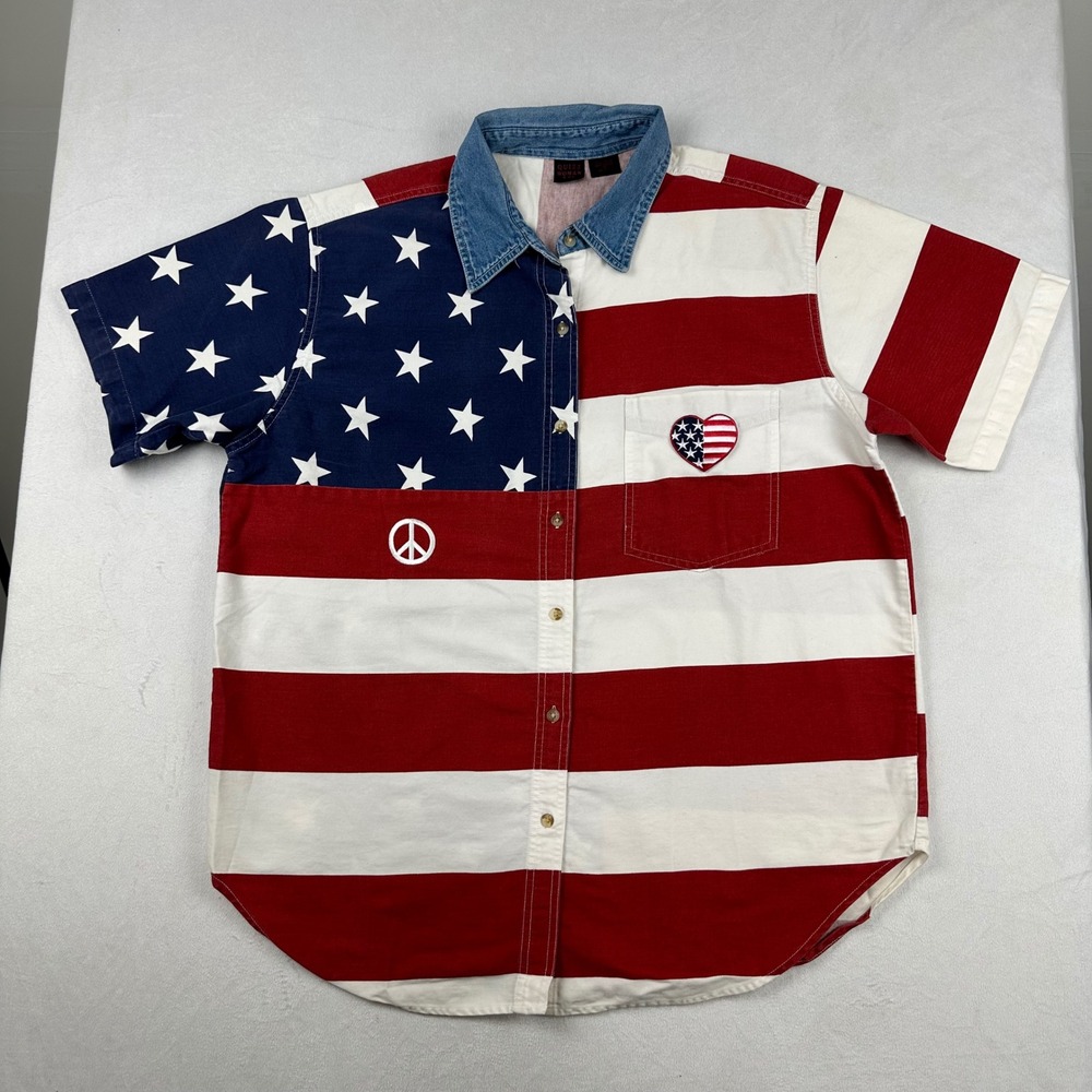 Vintage USA Flag Button Up Shirt Denim Collar Heart Patch Patriotic L